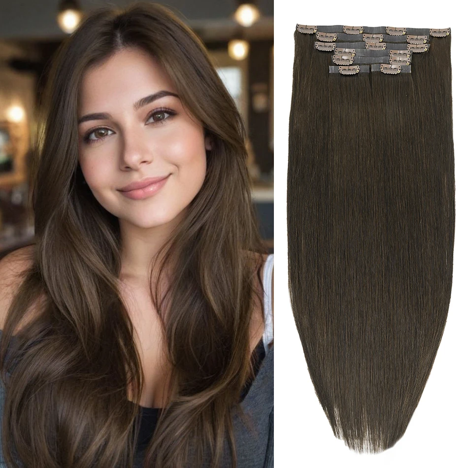 

Dark Brown Seamless Hair Extensions Clip in 20 Inch Human Hair Invisible Clip ins PU Weft Virgin Hair Add Volume