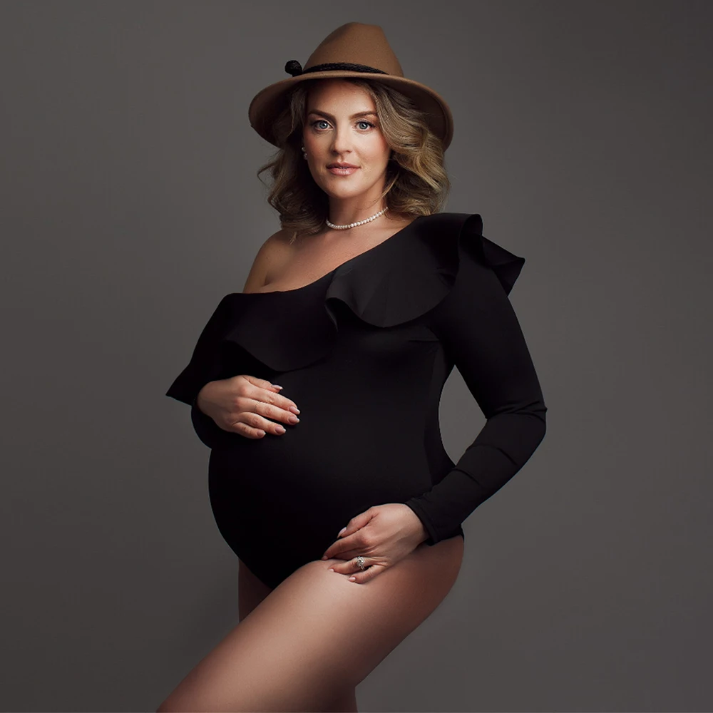 Maternity Photoshoots Bodysuit Off Shoulder Ruffle Neck Long Sleeve Sexy Pregnancy Women Leotard Bodycon Photo Shoot Props