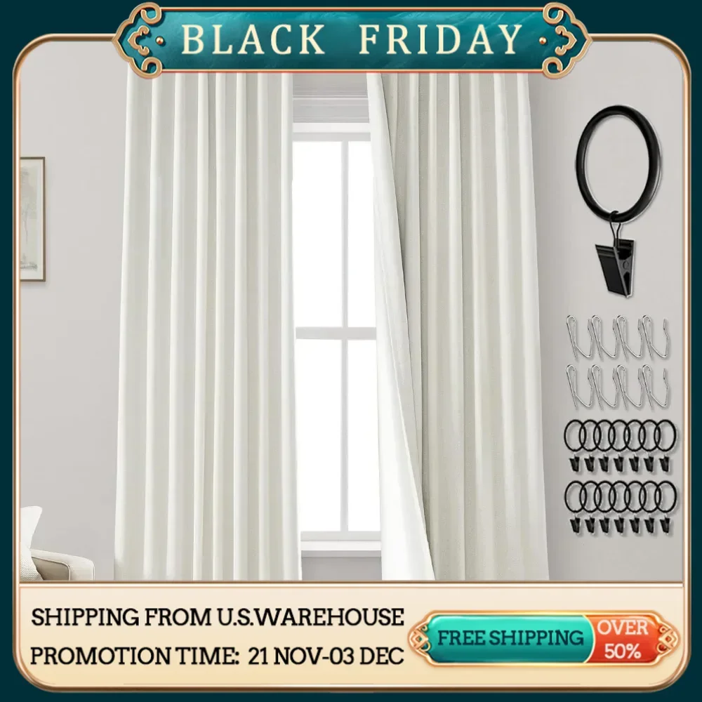 104 Inch Long Blackout Curtains 2 Panel Set,Pleated Linen Black Out Back Tab Drapes for Living Room,105 Inch Length