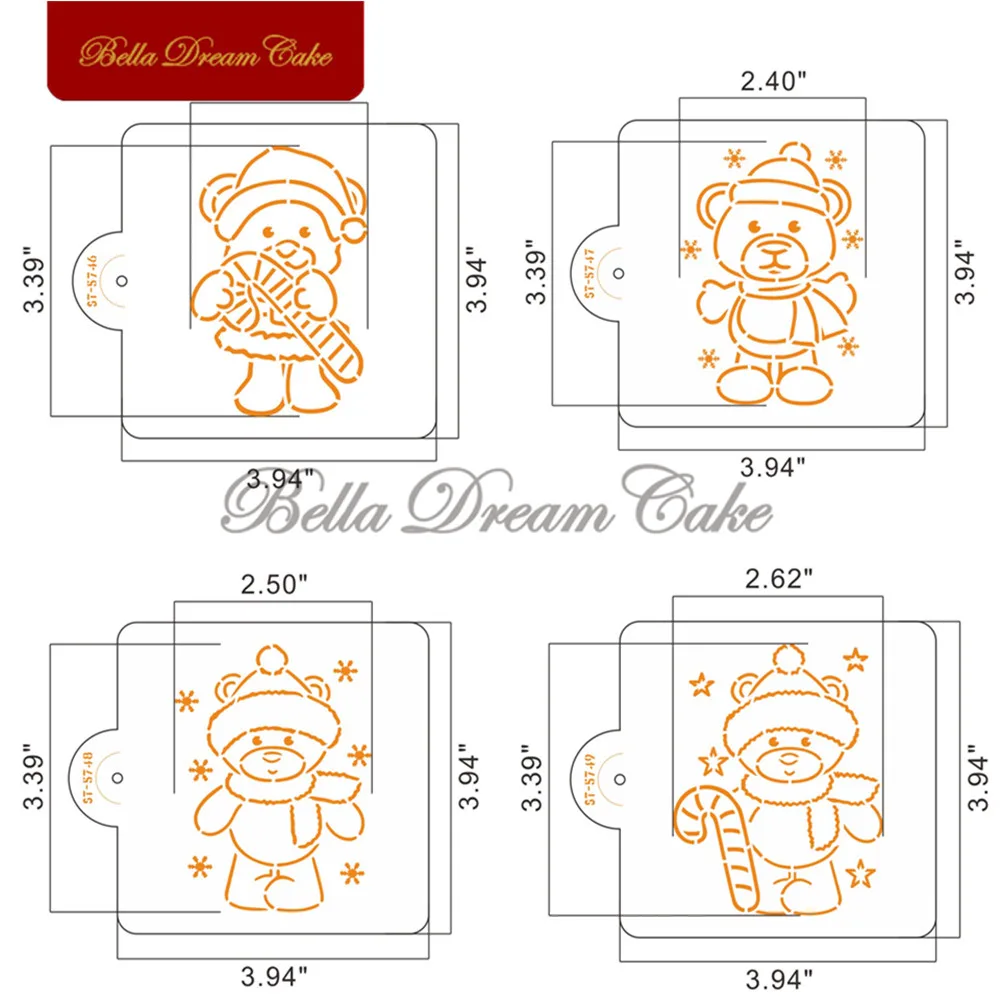 4pcs Christmas Cartoon Bear Cookies Stencil DIY Fondant Biscuit Mold PET Chocolate Coffee Template Cake Decorating Tool Bakeware