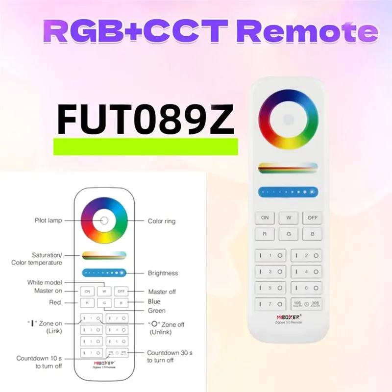 ABMS-Miboxer Smart Control 7-Zone RGB+ CCT Remote FUT089Z For Zigbee 3.0 LED Bulbs& Strips In Home/Commercial Space Lighting Sys