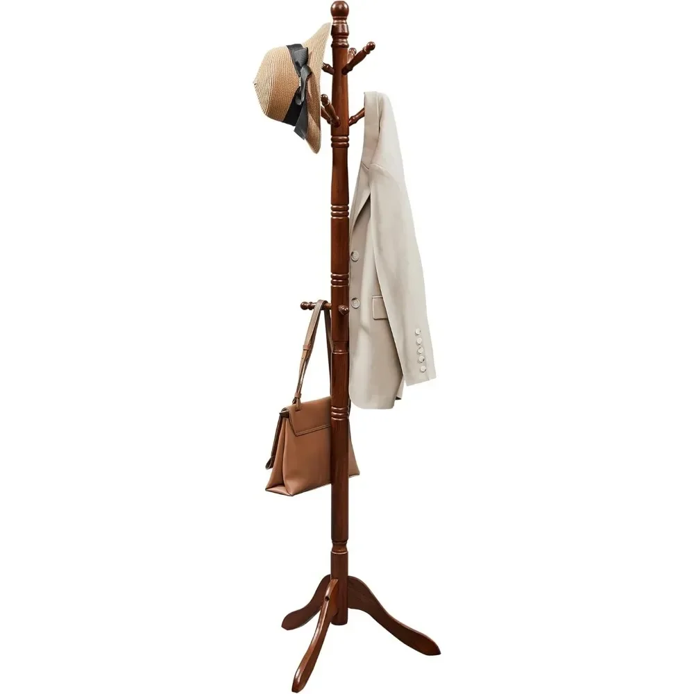 Coat rack, free-standing hall coat tree with 10 hooks for hats, bags, purses, suitable for entrances, corridors, rubberwood