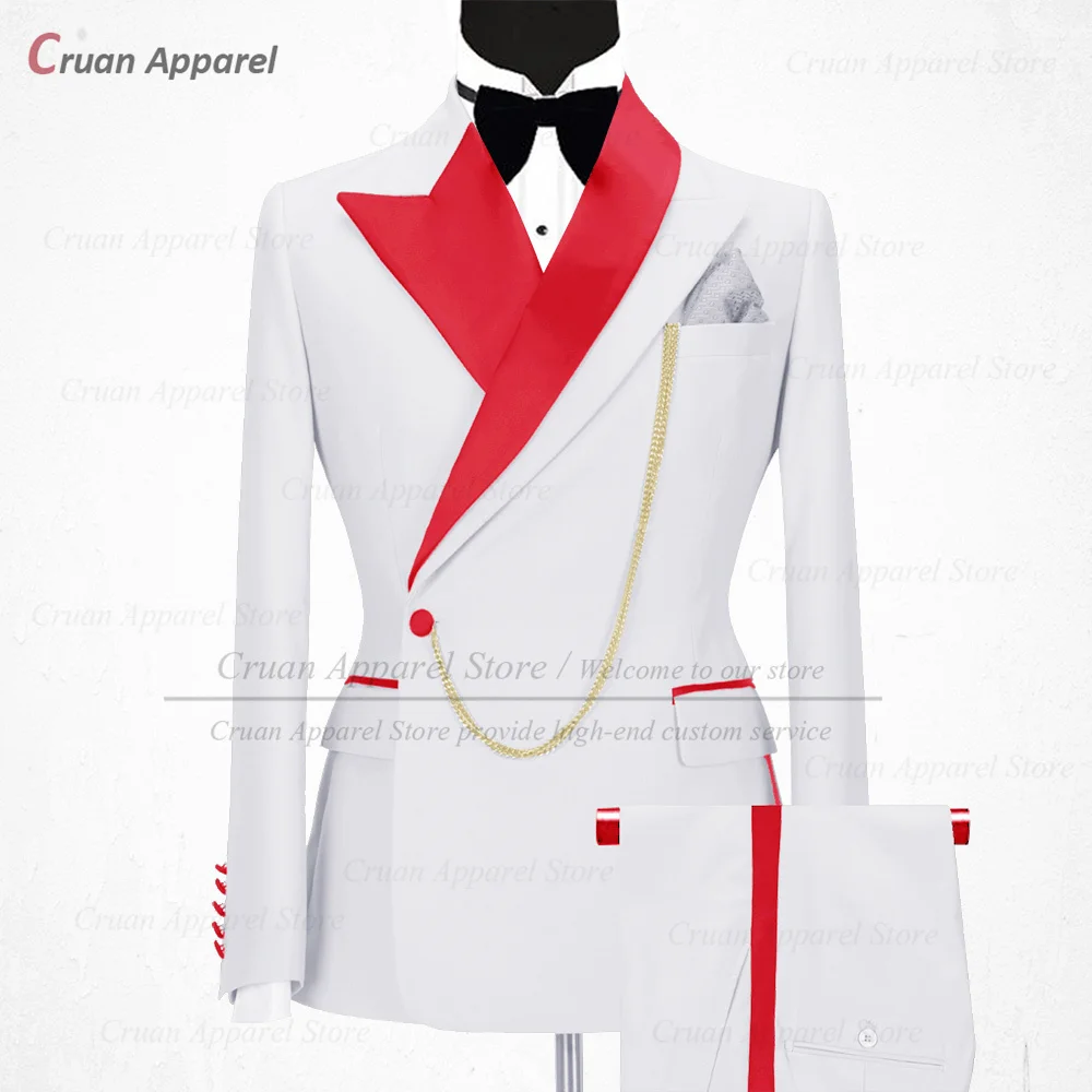 Newest Black Suits for Men Slim Fit Luxury Business Wedding Tuxedos Tailor-made Red Shiny Collar Jacket with Pants 2 Pieces Set