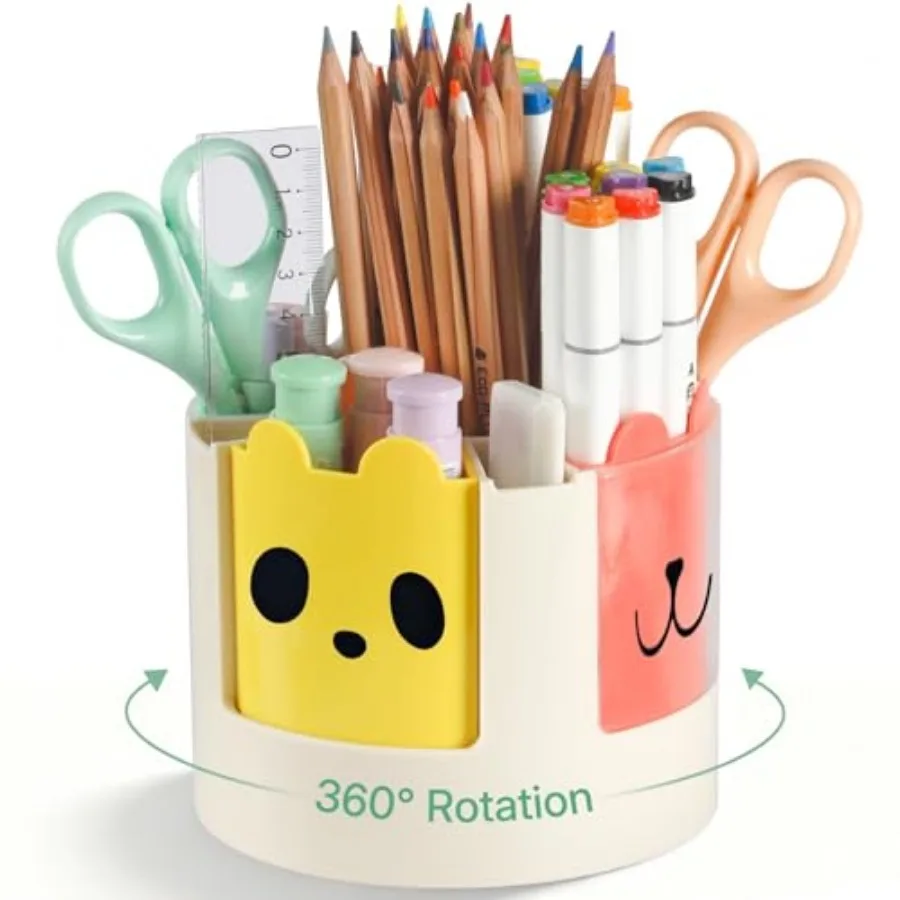 

360° Rotating Pen Holder for Desk, Rotating Pencil Holder with Stickers, 360 Degree Spinning Desk Organizer, Cute Desktop Stati