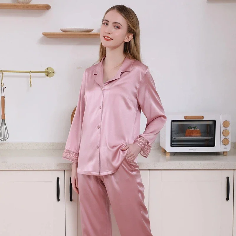 

Пижамный комплект из натурального шелка тутового шелка 19 мм, пижама с длинными рукавами и кружевной отделкой, кардиган на пуговицах с лацканами, пижама из двух предметов, домашняя одежда PJ