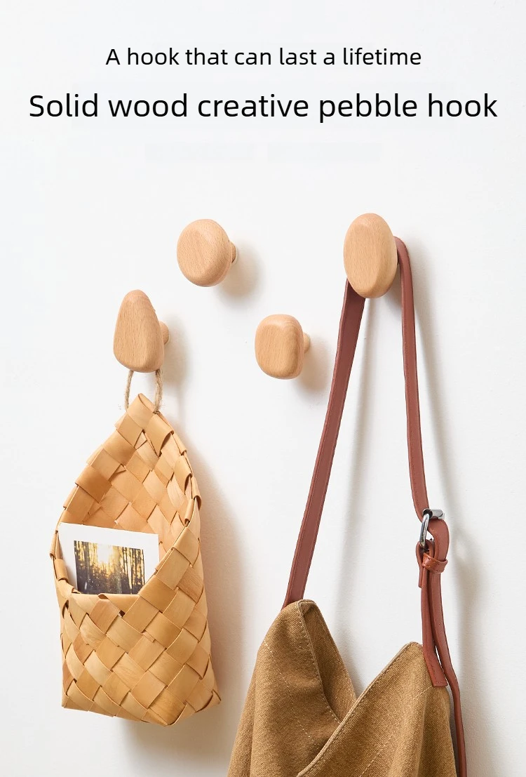 Scandinavian Solid Wood Handle Clothes Hook Coat Hook Wall-mounted Hook Punch-free Door Clothes Hanger Pebble Shape Cabinet Door