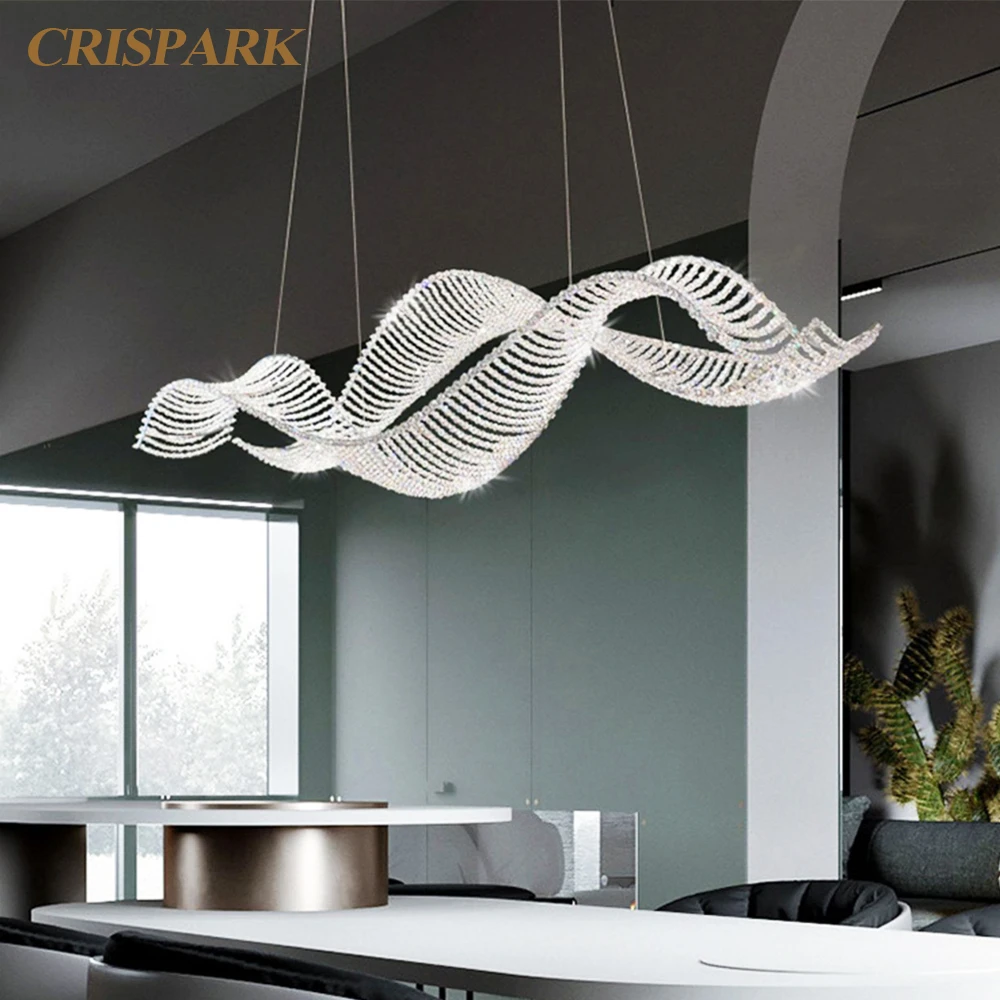 

Modern Crystal Chandelier for Dining Room Luxury Wave Steel Kitchen Chandelier Lighting Clear Cristal Long Hanging Light Fixture