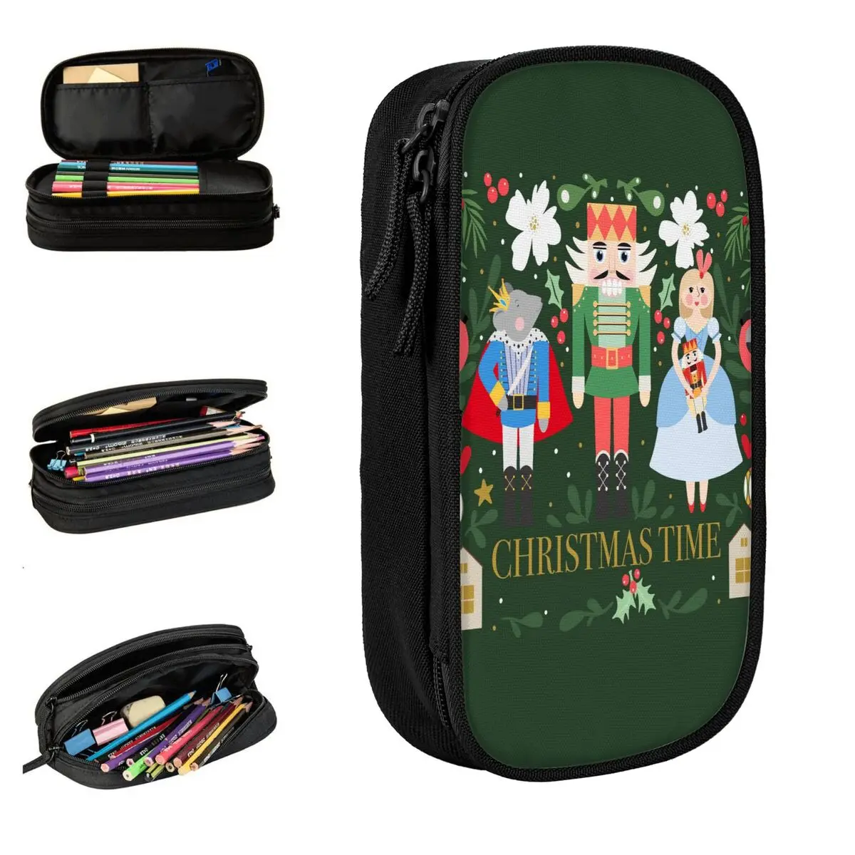 عيد الميلاد كسارة البندق مقلمة طبقة مزدوجة صندوق رصاص الطلاب لطيف كلية مدرسة مقلمة منظم قرطاسية #1