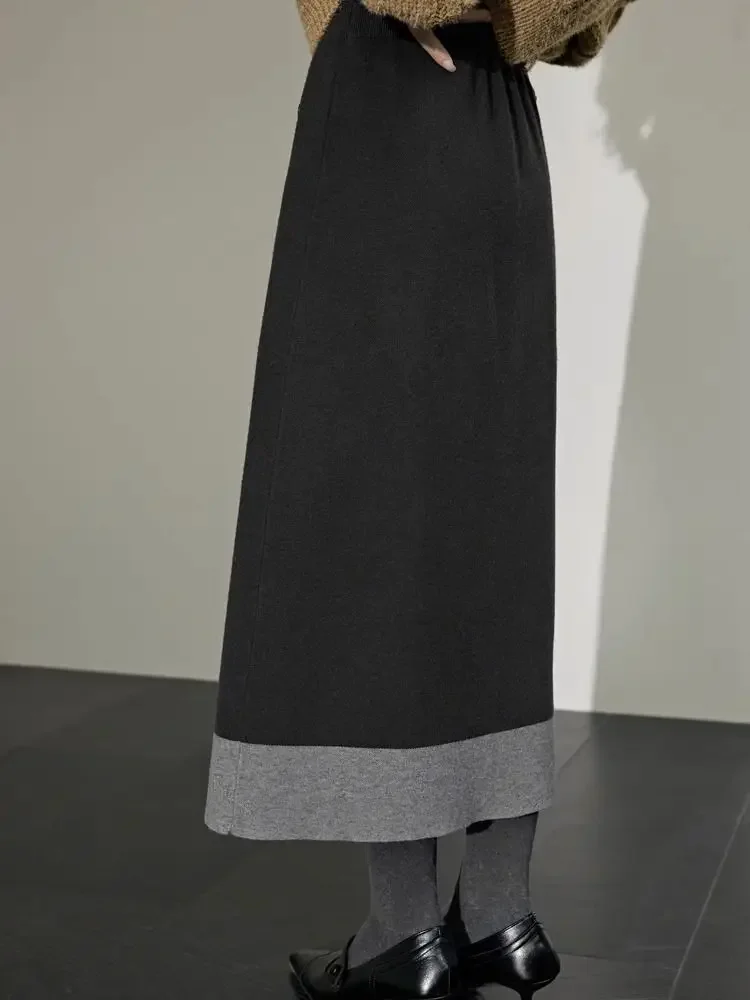 

Black Gray Retro Splicing Asymmetrical Sweater Dress Knitted Skirt for Women Autumn Winter A-line Long Skirts Women's Woman Midi