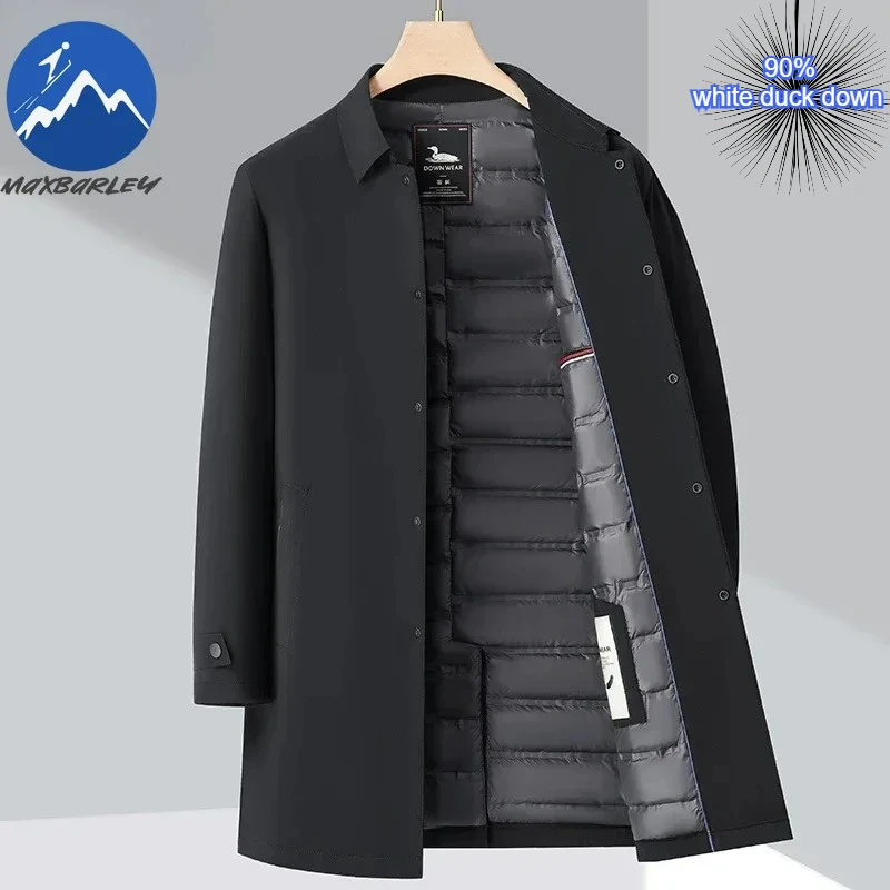 

Maxbarley Brand Long Down Jacket Men Winter Thick Flip Collar White Duck Down Warm Parka Business Lightweight Puffer Trench Coat