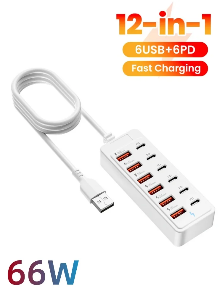 12-in-1 USB-Hub-Adapter, USB-Typ-C-Ladegerät, schnelles Laden, Steckdosenleiste, Desktop-Ladestation für iPhone, Samsung, Xiaomi
