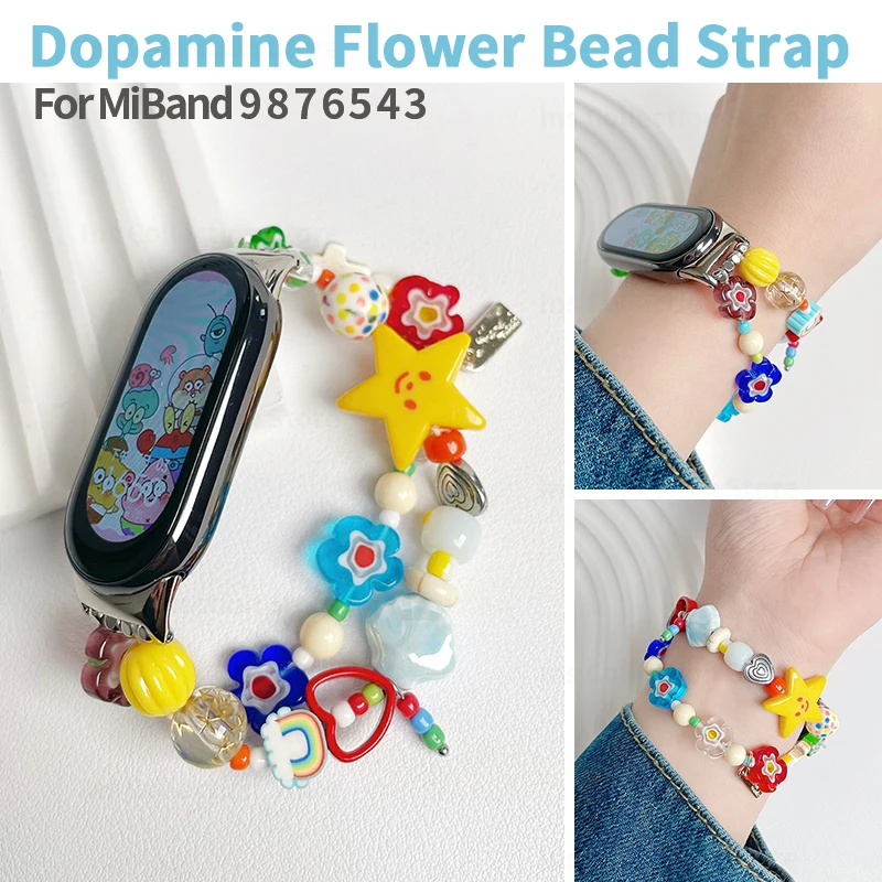 

Dopamine Flower Bead Strap for Xiaomi Mi Band 3 4 5 6 7 Cute Colorful Bracelet for Mi Band 7 8 9 Replacement Wristband Girl Belt