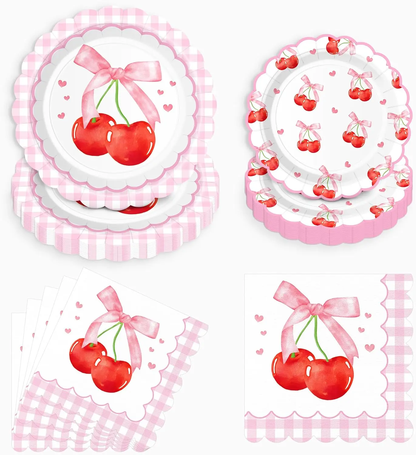 Cherry Cumpleaños Decoración Dulce Cereza Rosa Lazo Fiesta Vajilla Desechable Platos De Papel Vasos Servilletas A Cuadros Princesa Baby Shower Niña Feliz Cumpleaños Verano Fruta Fiestas Set