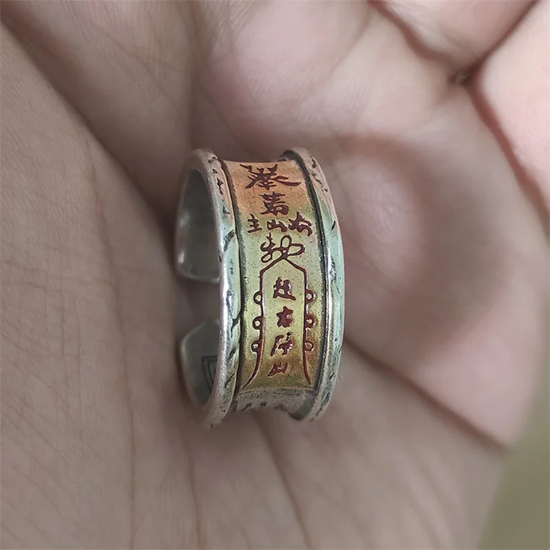 Vintaga Gold Silver Collison Ring Men Jewelry Blessing Taoist Scriptures Ring Male Index Finger Accessories Open Szie