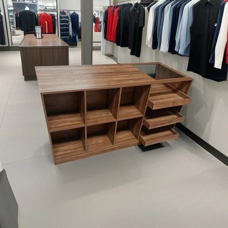 With glass window, the island is a garment store in walnut color, a 1.5-meter-long display table