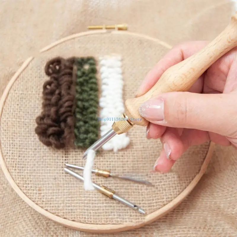 

H05E Embroidery Needle Pen Wooden Handle Needle Embroidery Pen Embroidery Needle Weaving Tools for DIY Craft