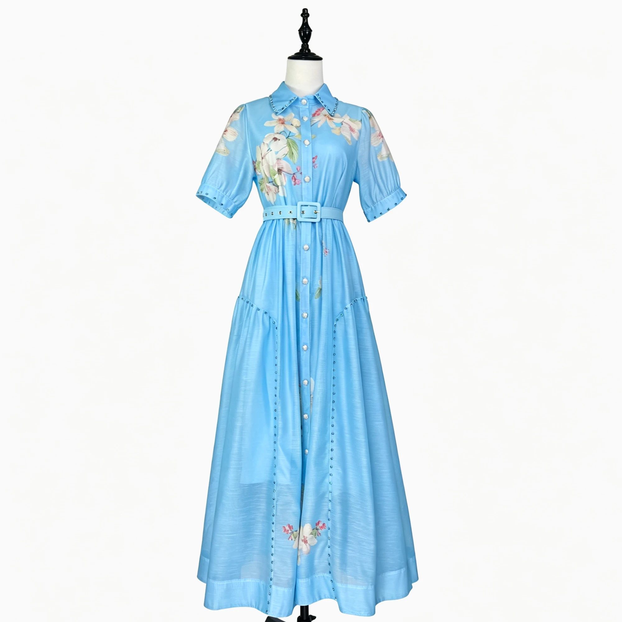 

Summer Women's Lapel Rhinestone Beaded Maxi Dress Floral Print Puff Sleeve Belt High Waist Single Breasted Casual Long Dress