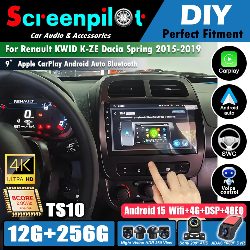 Android15 para renault kwid K-ZE dacia primavera 2015-2019 multimídia carplay rádio do carro vídeo 5g player navegação gps estéreo wifi