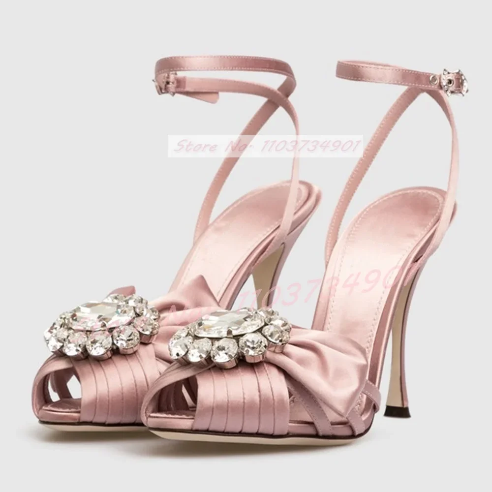 Crystals Pink Satin Caged Sandals Women Butterfly-knot Peep Toe Ankle Strap Leather High Heels Shoes Lady Classy Trendy Sandals