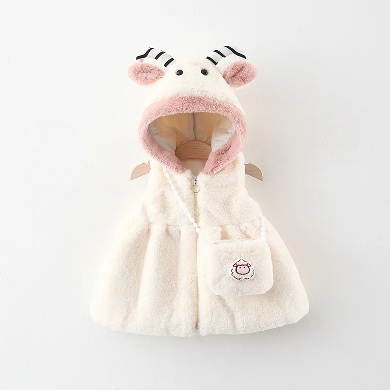 New Winter Baby Girls Coat Shawl Fluffy Little Sheep Ears Sheep Horns Small Animal Crossbody Bag Pearl Button Pleated Vest