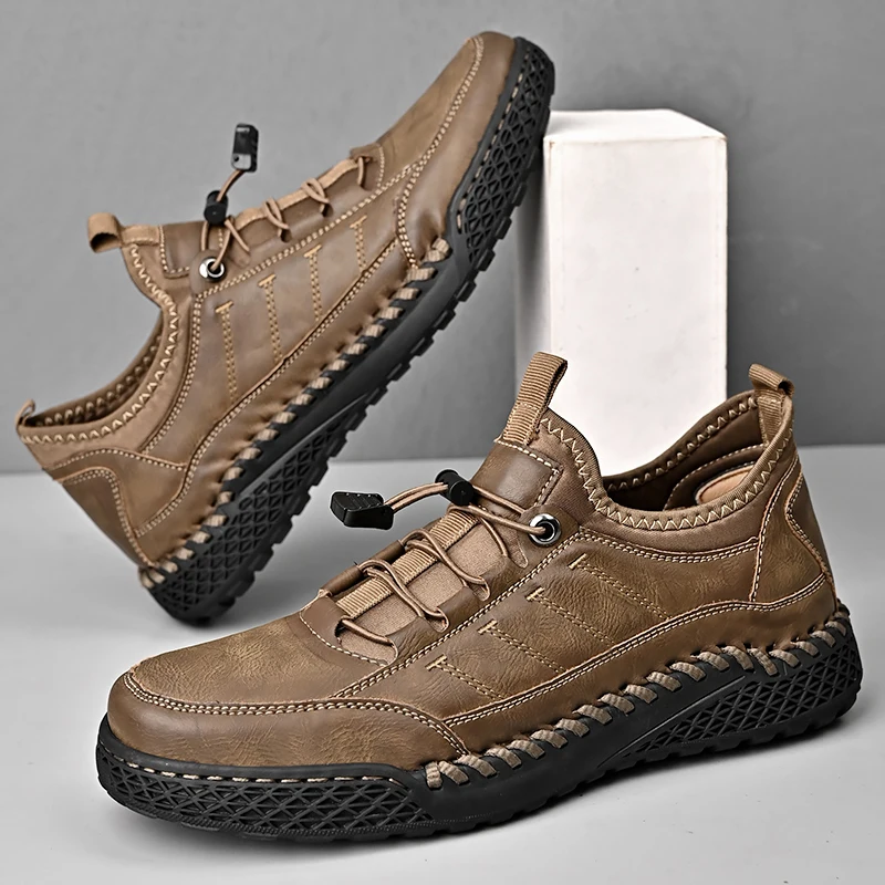 

Мужская обувь, сшитая вручную, цельная мужская кожаная обувь, нескользящая повседневная обувь большого размера с низким берцем