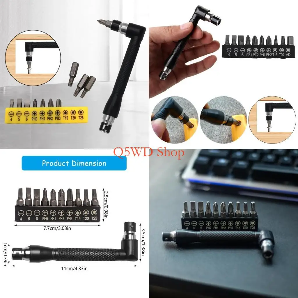 Q5WD Screwdriver Bit 90 Degree Double Head Handle Wrench with 10Pcs Screwdriver Bits