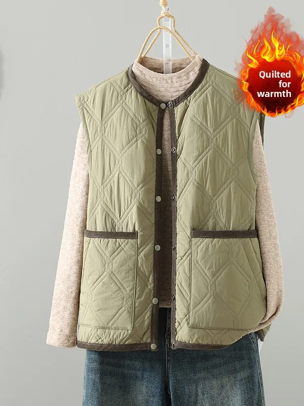 Kleur Blo Jaet Katoen gevoerd Casual rond Ne Enkele knop Grote maat Damesvest Bovenkleding Dubbel ket Herfst W...