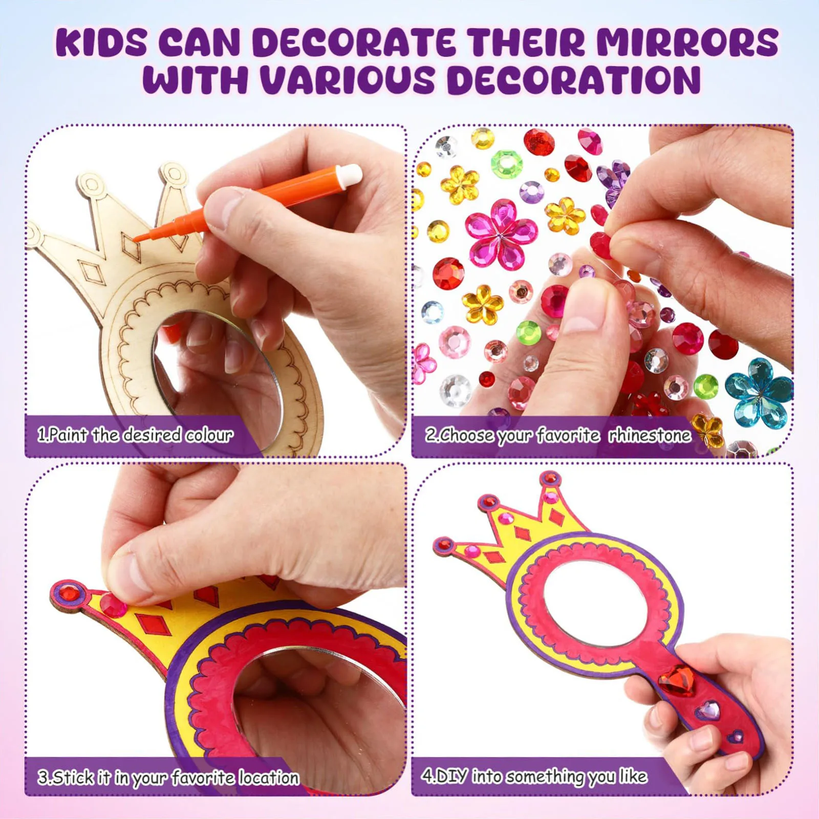 8 قطع من مرآة خشبية للأطفال لتزيين المرايا المصنوعة من الخشب غير المكتمل مع فرش الرسم هدية لحفلات أعياد الميلاد #3