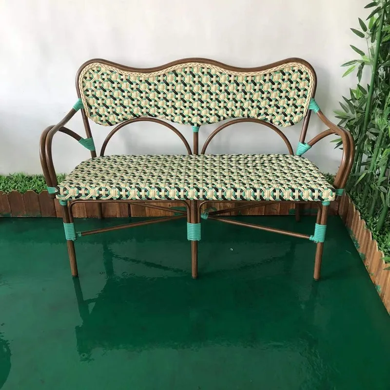 Double outdoor leisure chair, park courtyard rest bench, aluminum tube imitation bamboo pattern braided rattan armrest