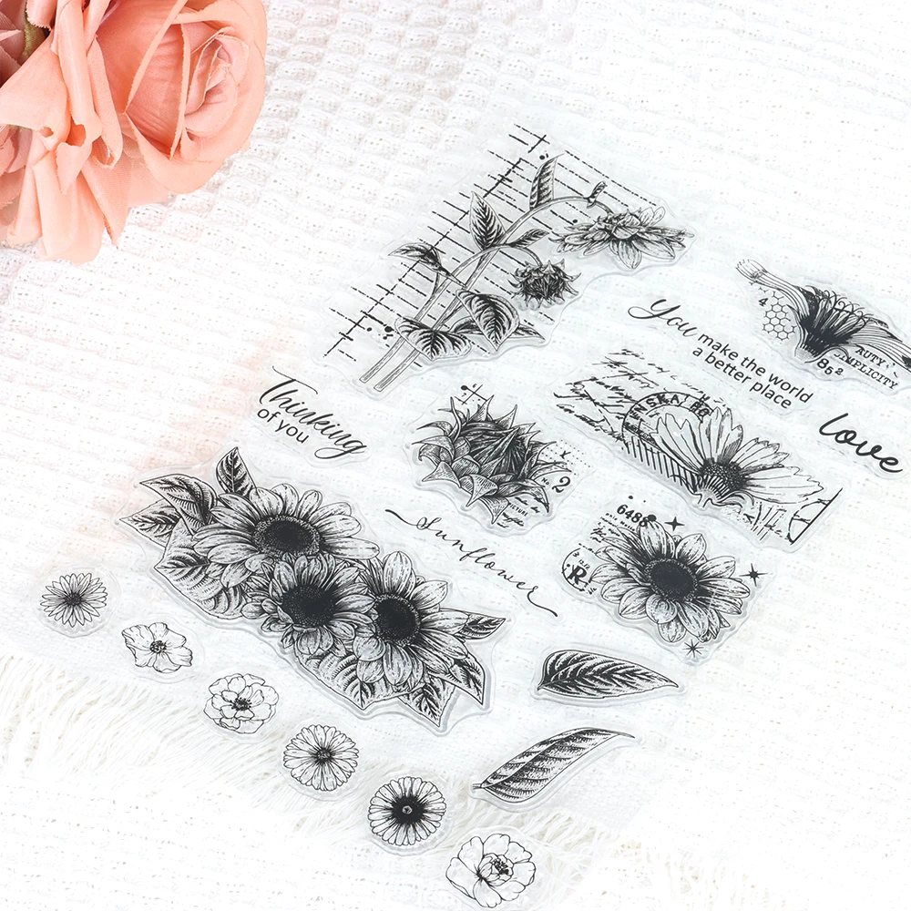 Sunflowers/Inspirational Language Retro Clear Silicone Stamps Diy Photo Album Decoration Scrapbooking Journal Transparent Stamp