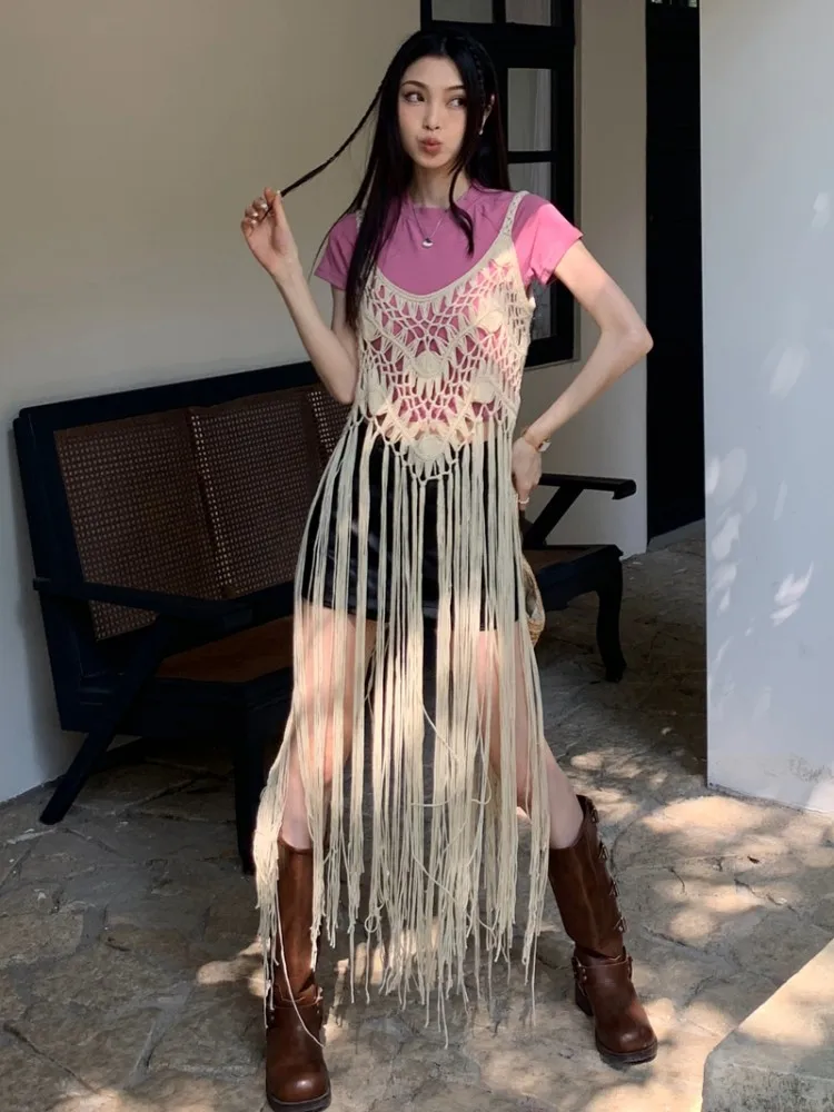 Summer Hollow Out Long Dresses Womens Beach Wear Bohemian Holiday Tassel Sleeveless Dresses 2023 Spring Summer Vestidos(C3855