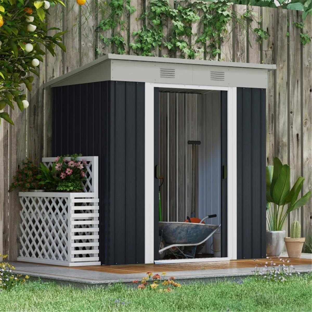 

Garden Shed Black Modern Outdoor Storage Shed in Matte Black, with Double Doors & Floor