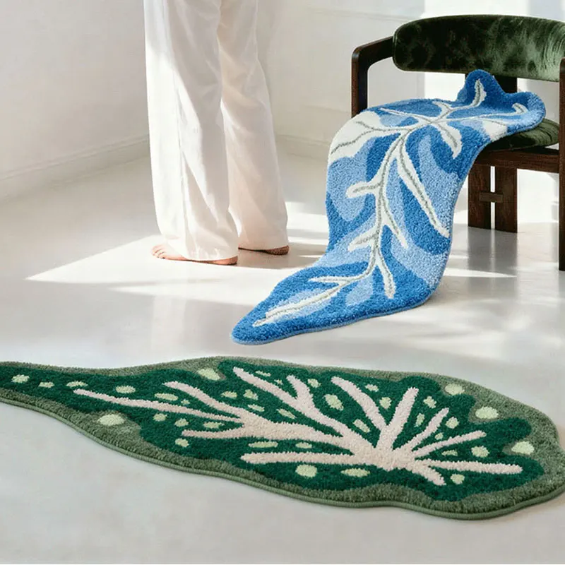 Fresh Green Leaf Rugs, Thickened Special-shaped Floor Mat, Non-slip, Machine Washable Tufted Bedside Blanket, Living Room Carpet