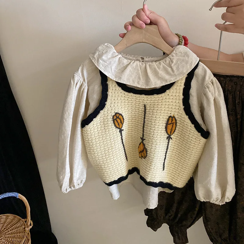 Girls Suit 2024 Autumn New Childrens Wear Korean Style Baby Girl Knit Halter Doll Collar Shirt Two-piece Set Simple Daily image 2