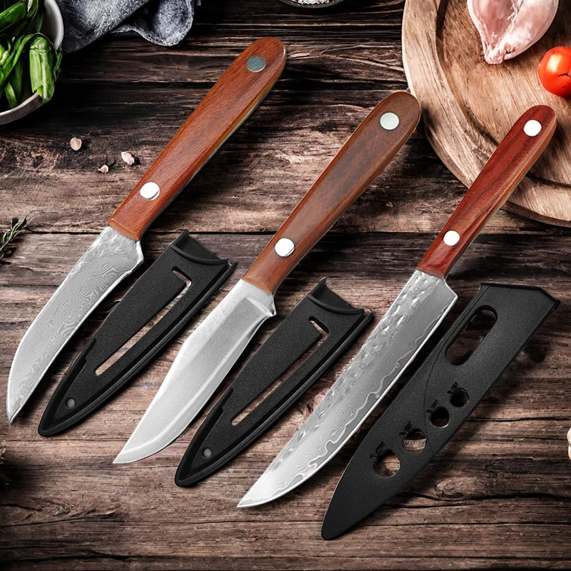 Damascus Steel Kitchen Knife Steak Utility Knife Barbecue Fishing Fruit Paring Knife Full Tang Chef Meat Cleaver Cooking Tools