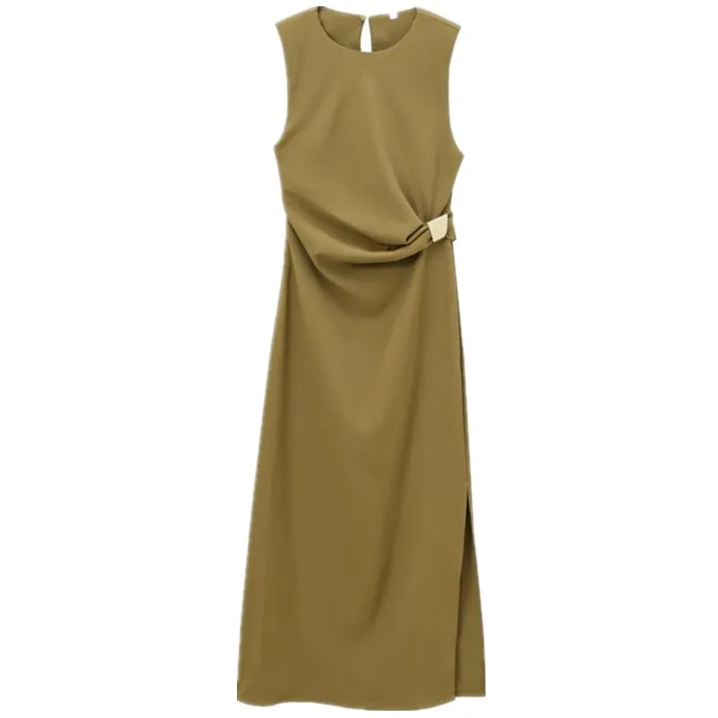 เสื้อผ้าผู้หญิงใหม่ประจำฤดูใบไม้ร่วงปี 2024 แบบมีแผ่นรองไหล่ ทรงมิดิ คอกลม ดีไซน์ทันสมัย วัสดุคุณภาพ