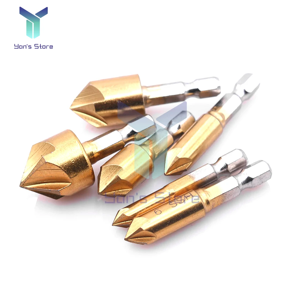 6Pcs Hexagonal Handle Titanium Plated Chamfering Knife Countersunk Drill 6-19mm HSS Deburring Cutter Woodworking Spot Facer Tool