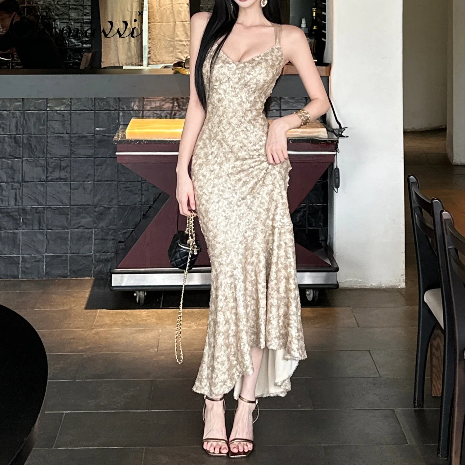 

French Elegant Cross Lace-up Backless Sexy Bodycon Dresses Heavy Industry Sequins High Waist Fishtail Long Evening Dress Women