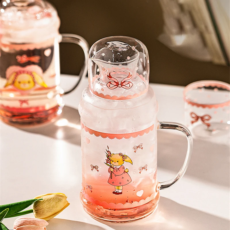 กาต้มน้ําแก้วเย็นพร้อมฝาปิดและที่จับการ์ตูนกระต่ายเครื่องดื่มถ้วยกาต้มน้ําขนาดใหญ่ความจุ 1L ครัวเรือน Party เหยือกน้ํา