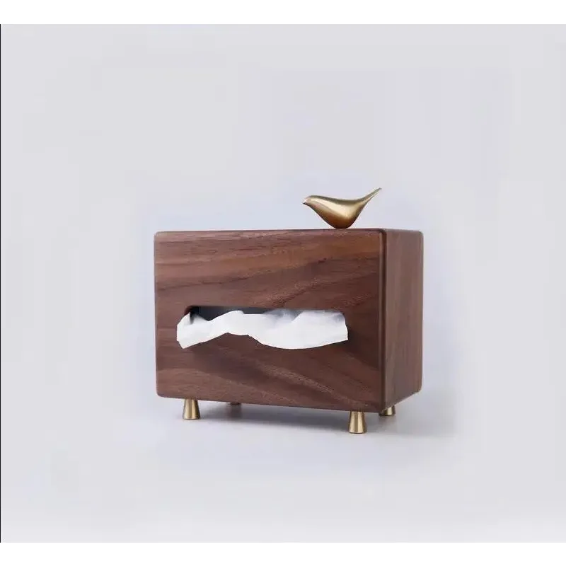 Retro Black Walnut Brass Foot Tissue Box Luxury Living Room Coffee Table Decor Rectangular Pumping Paper Tube