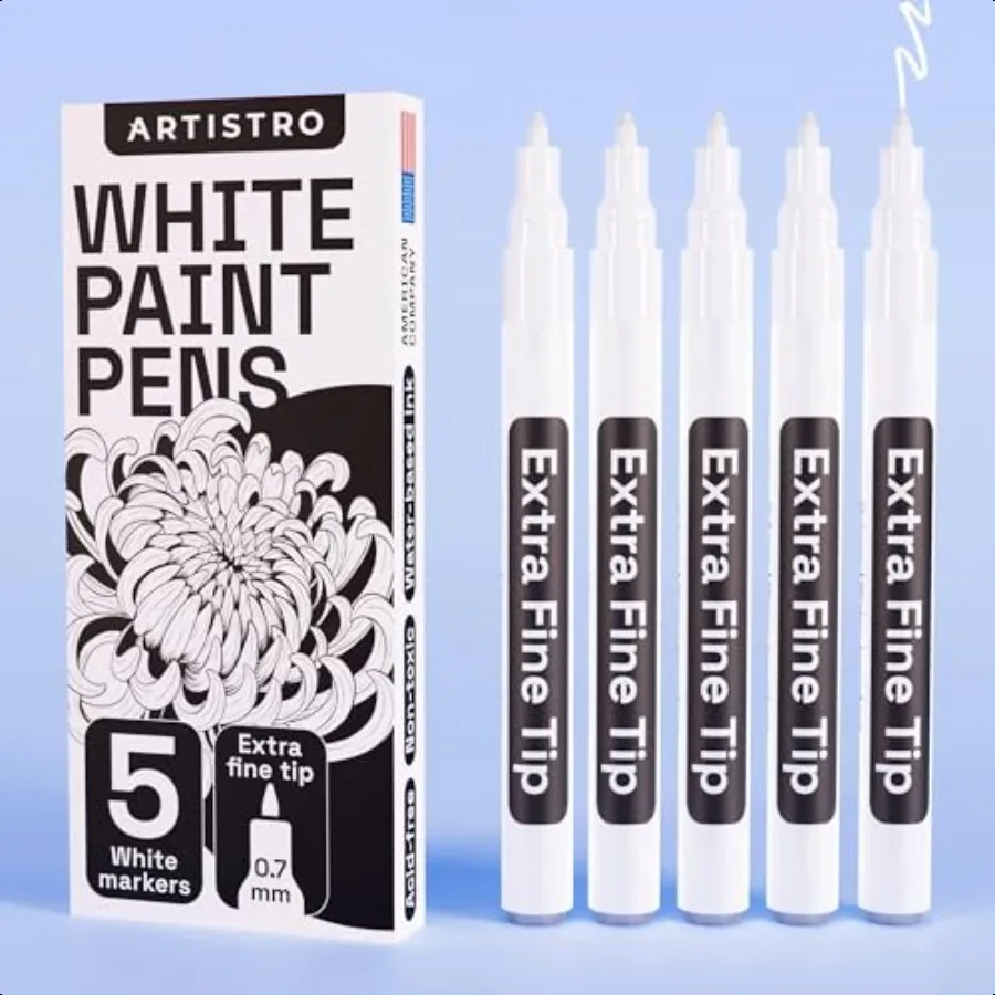 

ARTISTRO 5 White Paint Pen for Rock Painting Stone Ceramic Glass Wood Tire Fabric Metal Canvas. Set of 5 Acrylic Paint White Ma