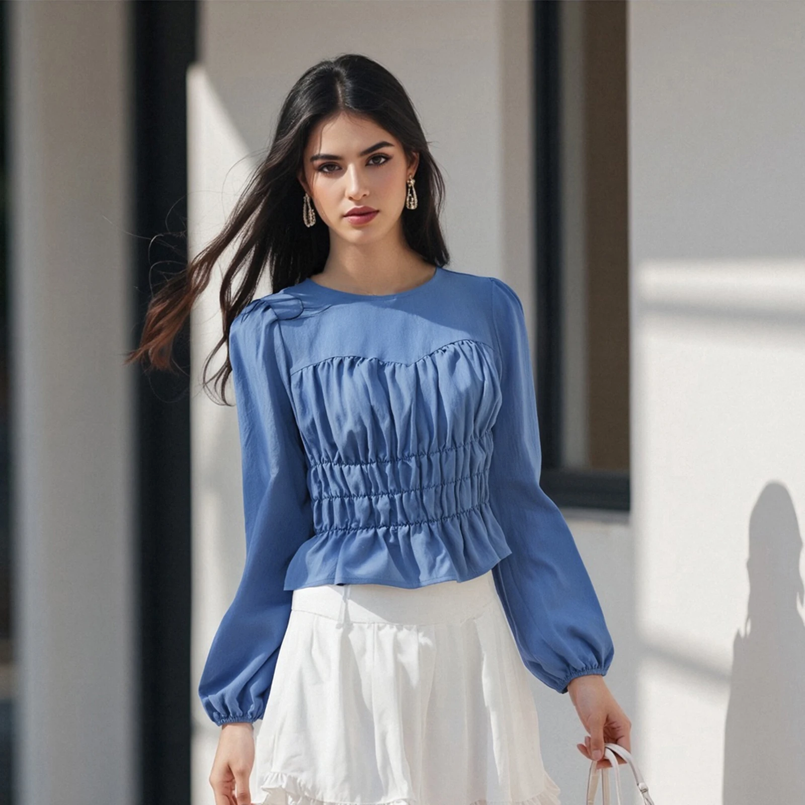 

Women Spring Fall Somcked Crop Tops Fashionable Solid Color Long Sleeve Round Neck Ruffled T-shirts