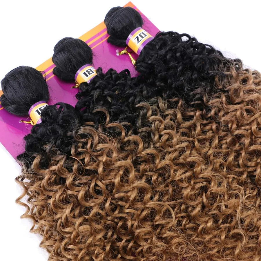 غريب مجعد الشعر الاصطناعية نسج 3 حزم 16 18 20 بوصة الأسود والذهبي شقراء أومبير وصلات شعر ملونة ل NaturalLoo