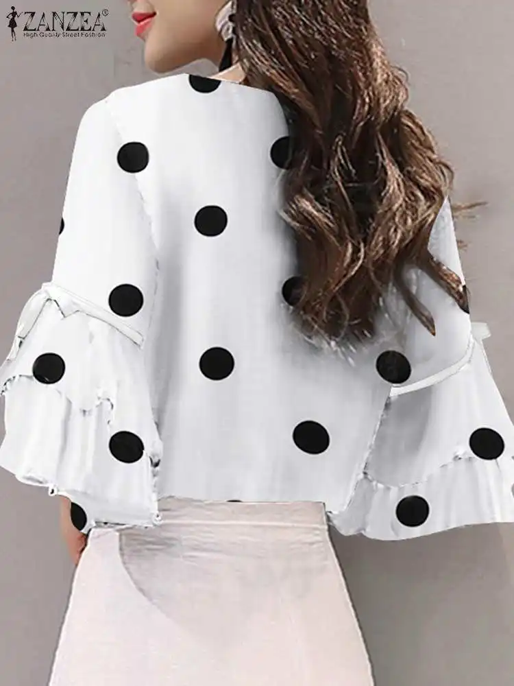 ZANZEA-Blusa elegante con estampado de lunares para mujer, blusa de media manga con volantes, Túnica con cordones, Tops informales, primavera y