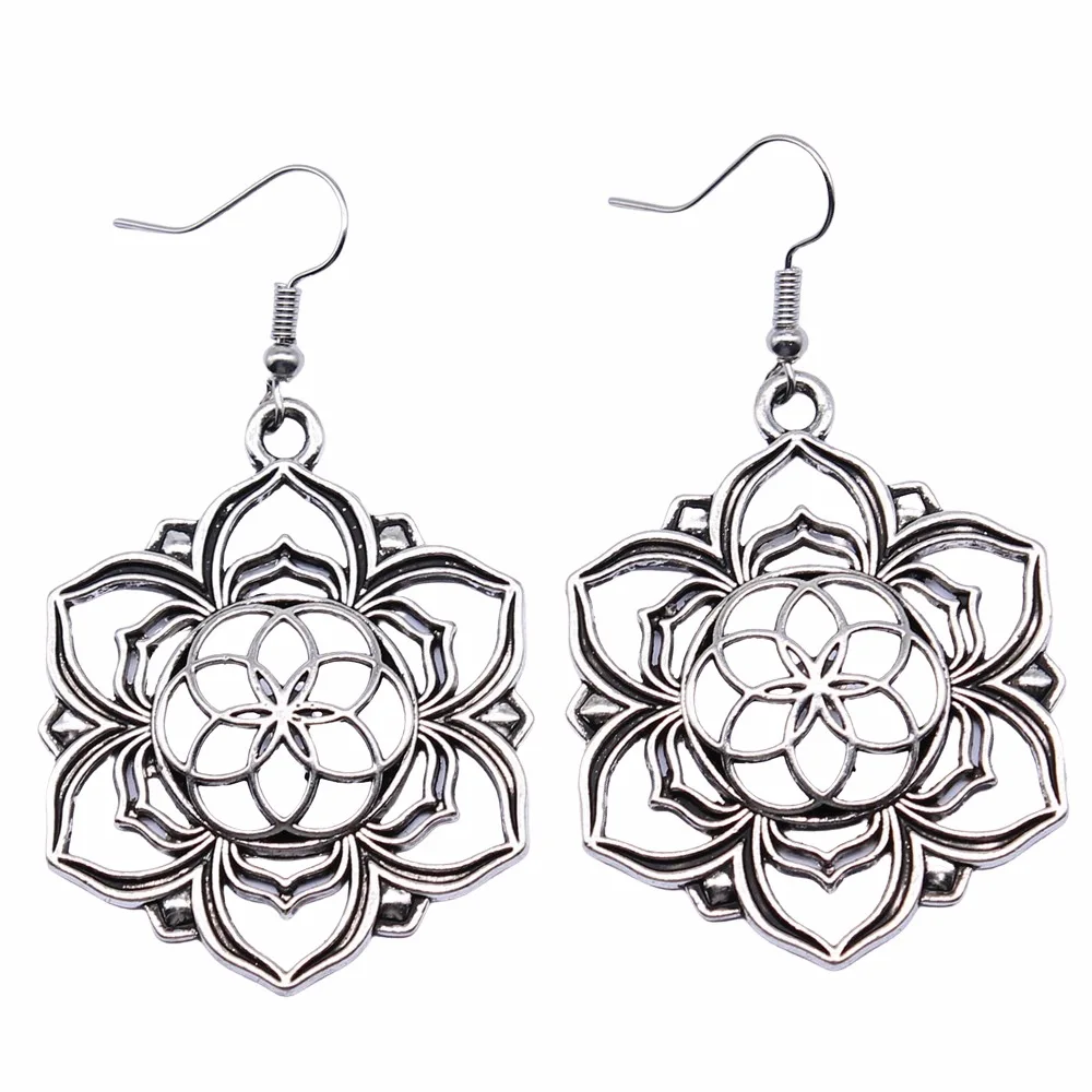 Fashion Handmade Antique Silver Color Flower Of Life Pendant Earrings Women Vintage Drop Earrings