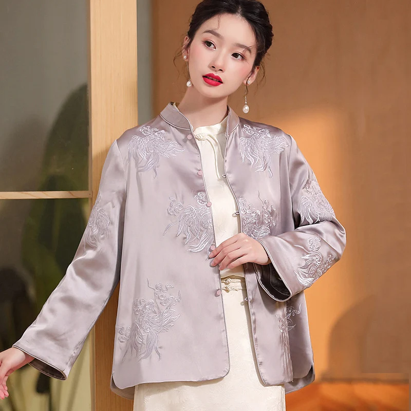 Brocade Carp Embroidered Top Women's Standing Collar Long Sleeve 2023 Spring New Chinese Style Single Breasted Jacket S-XXL