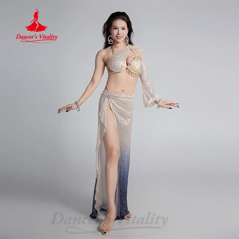 Belly Dancing Clothing Suit for Women Senior AB Stones Bra+Gradient Sequin Long Skirt 2pcs Oriental Dance Performance Costumes