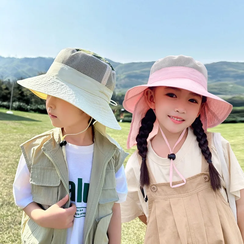 Fashion Summer Hat for Kids Beanies Breathable Outdoor Sunscreen Sunhat Neck Protection Scarf Boy Girl Bucket Hat