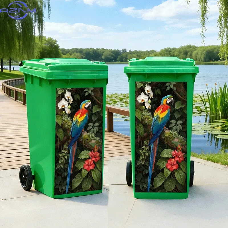 2D Flat Printing 1pc Trash Can Sticker, Colorful Feather Perched in Rainforest Theme Design, Self-Adhesive Wall Decal Wallpape
