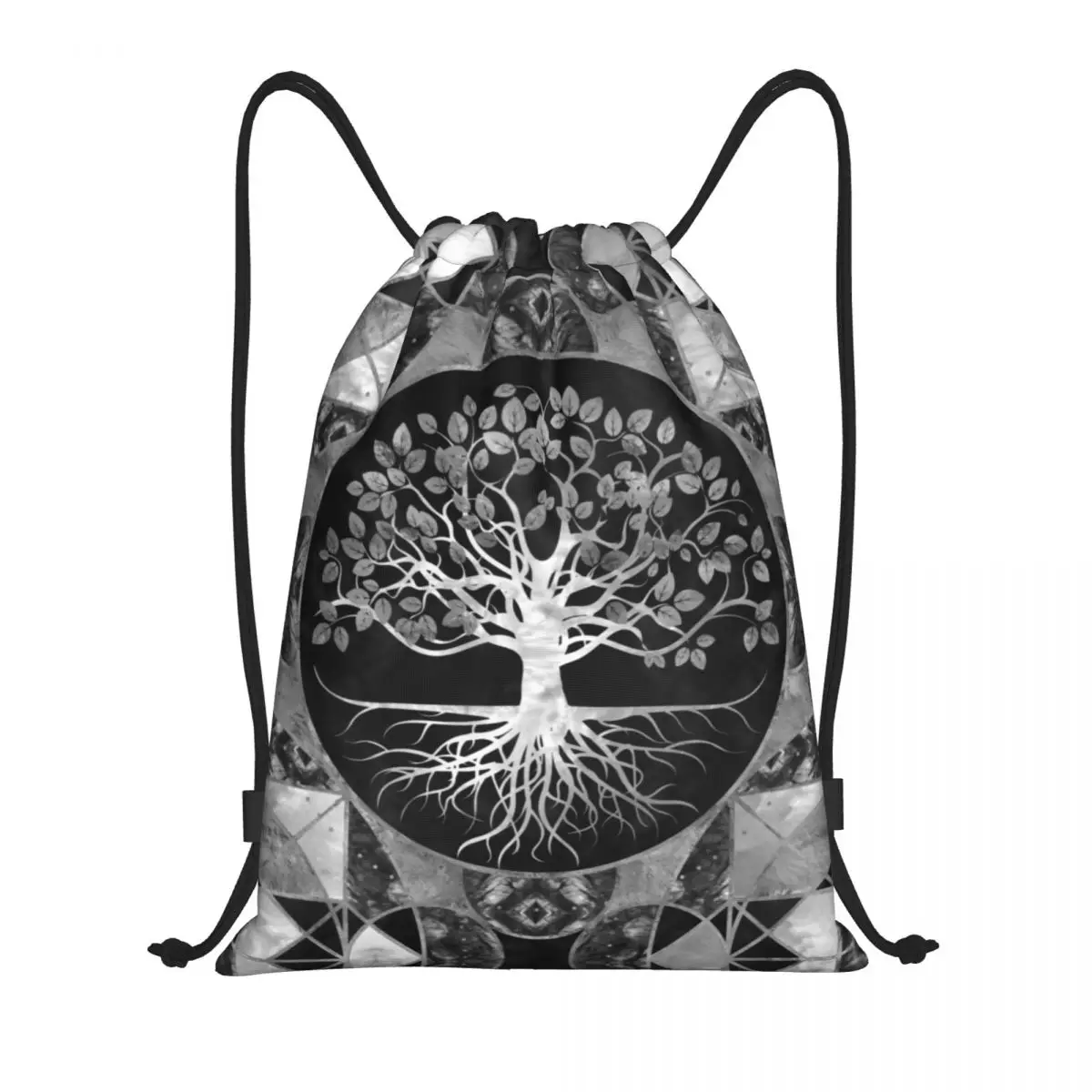 Tree Of Life Gray Scale Gemstone Drawstring Backpack Sports Gym Bag for Women Men Vikings Yggdrasil Training Sackpack